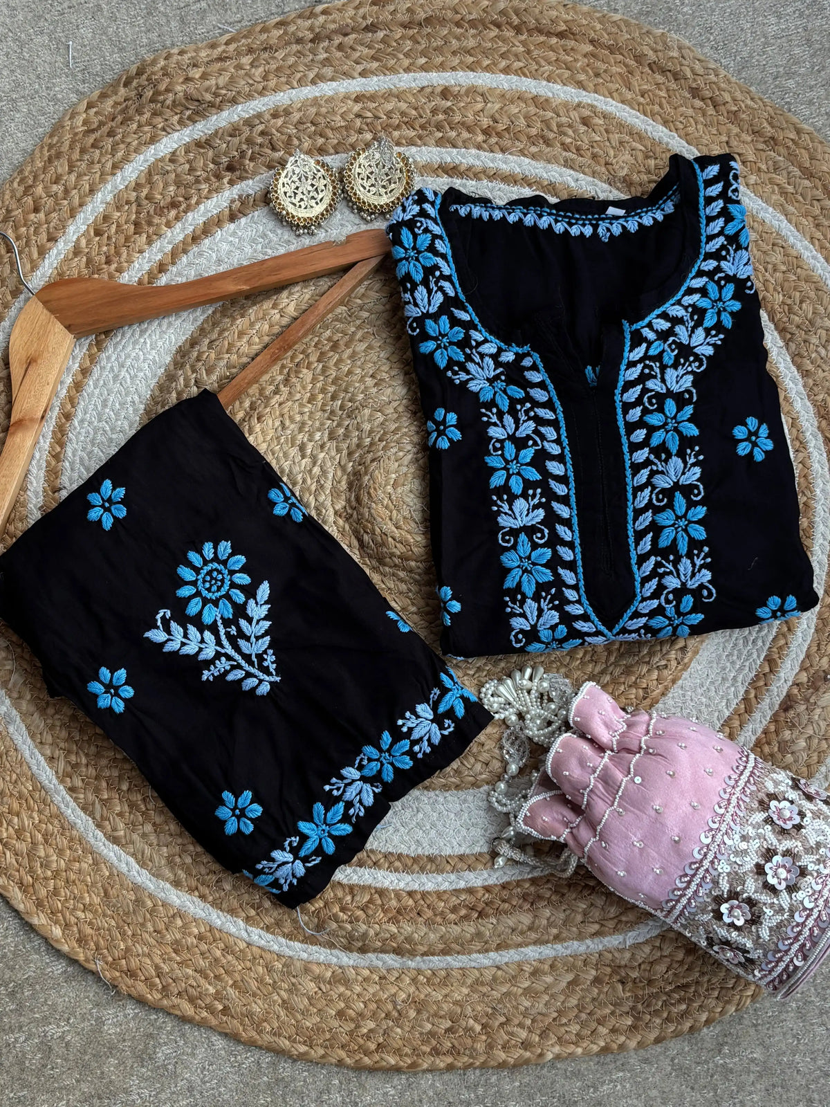 Diya Soft Rayon Cotton Hand Work Premium Chikankari Set - Blue Multithread