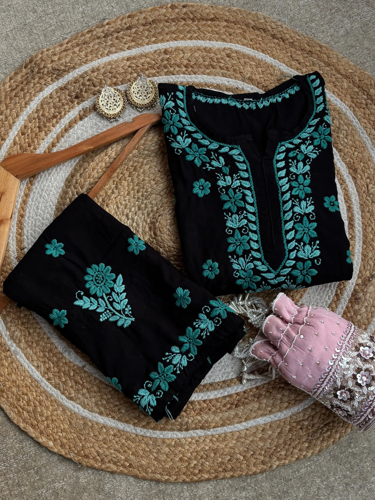 Diya Soft Rayon Cotton Hand Work Premium Chikankari Set - Green Multithread