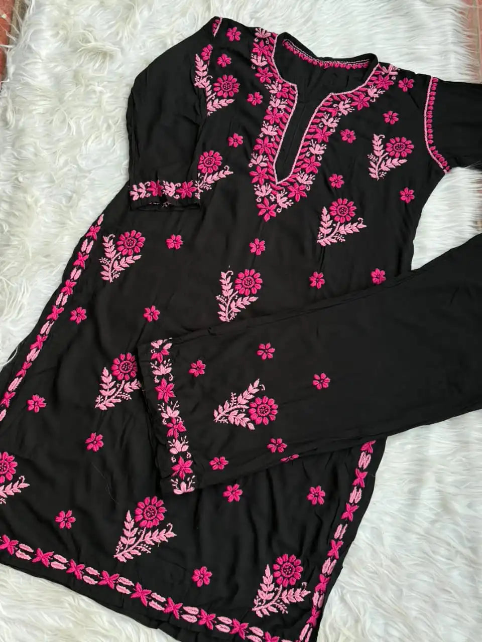Diya Soft Rayon Cotton Hand Work Premium Chikankari Set - Pink Multithread