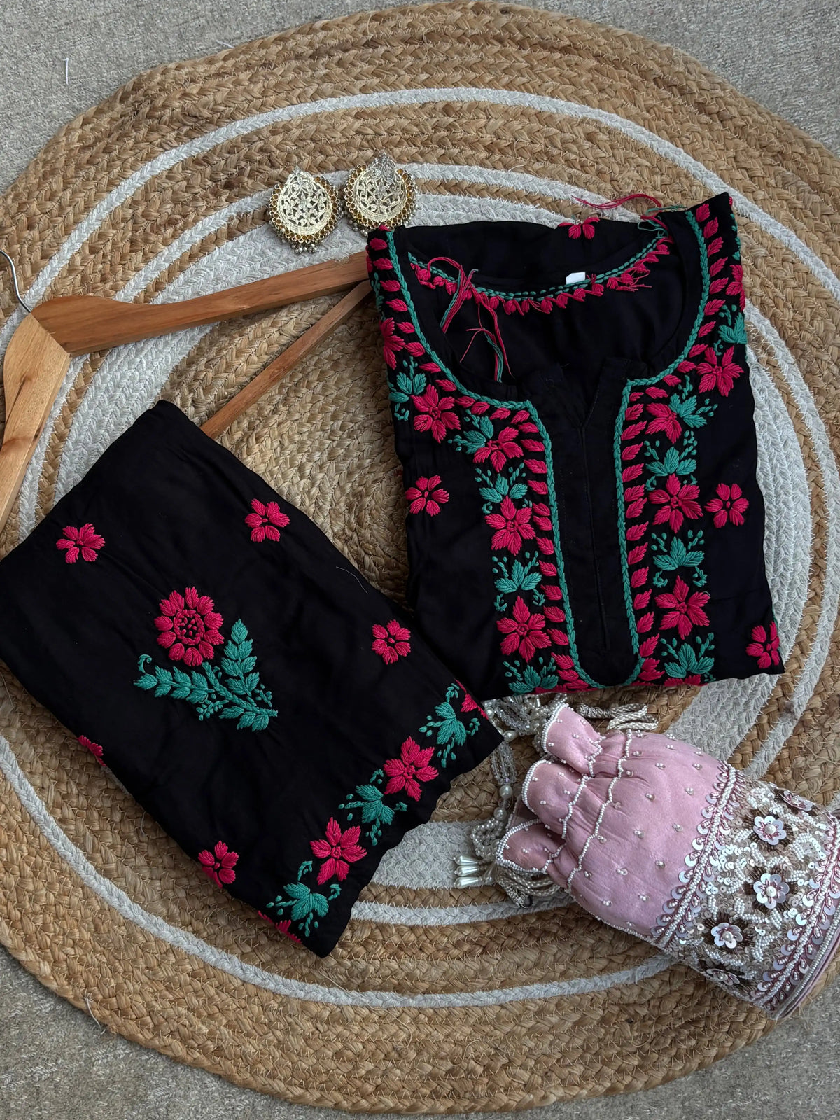 Diya Soft Rayon Cotton Hand Work Premium Chikankari Set - Red Green Multithread