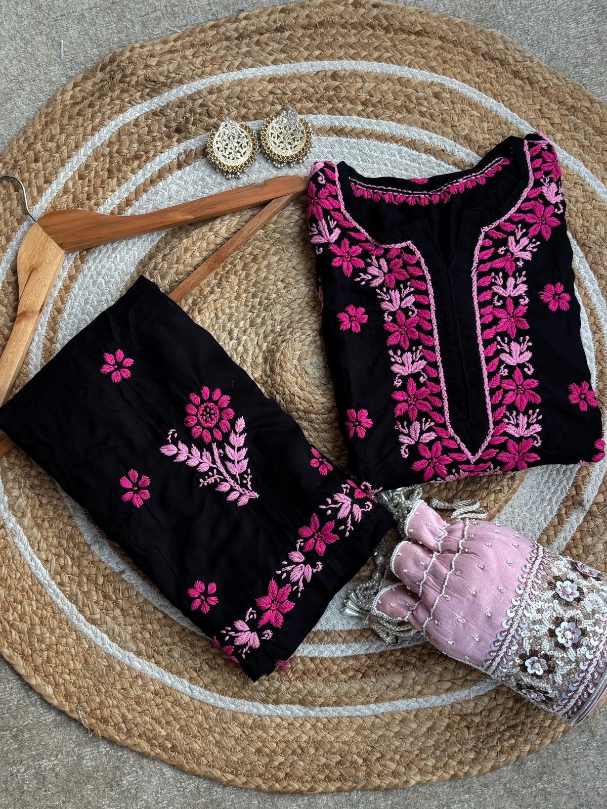 Diya Soft Rayon Cotton Hand Work Premium Chikankari Set - Pink Multithread