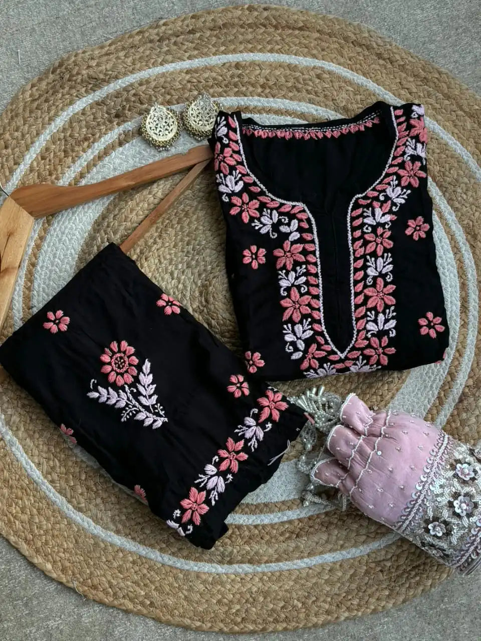 Diya Soft Rayon Cotton Hand Work Premium Chikankari Set - Orange Multithread