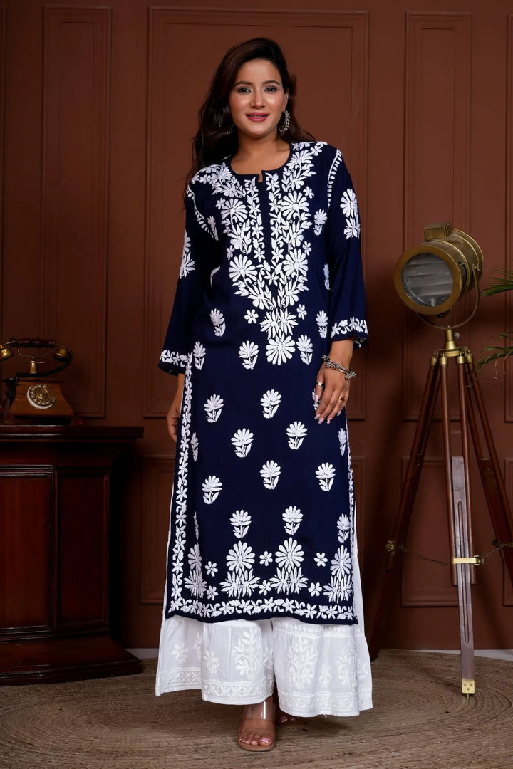 Iram Pure Modal 3D Chikankari Kurti – Blue