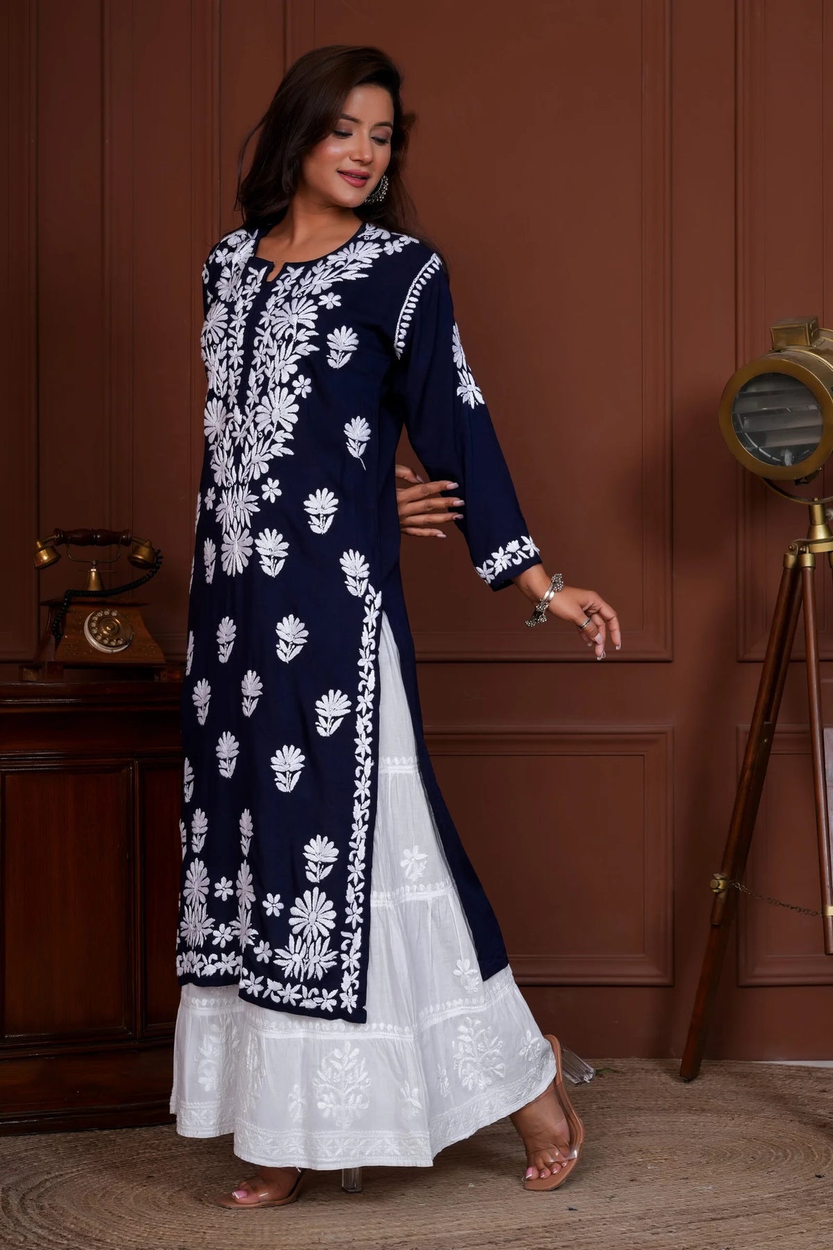 Iram Pure Modal 3D Chikankari Kurti – Blue