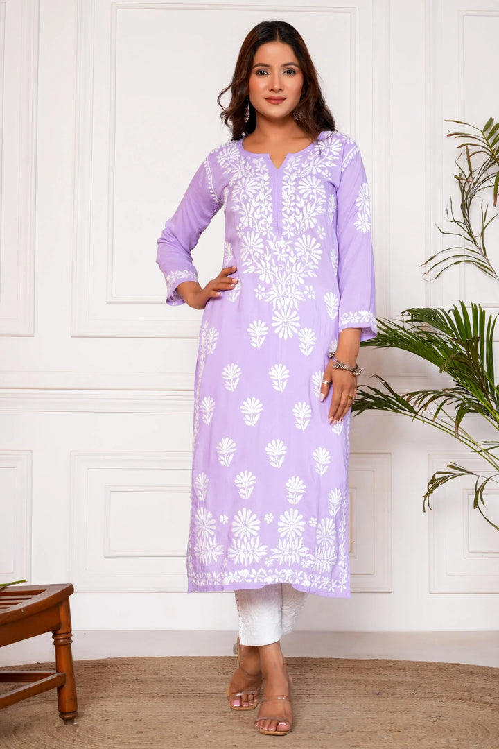 Iram Pure Modal 3D Chikankari Kurti – Lavender
