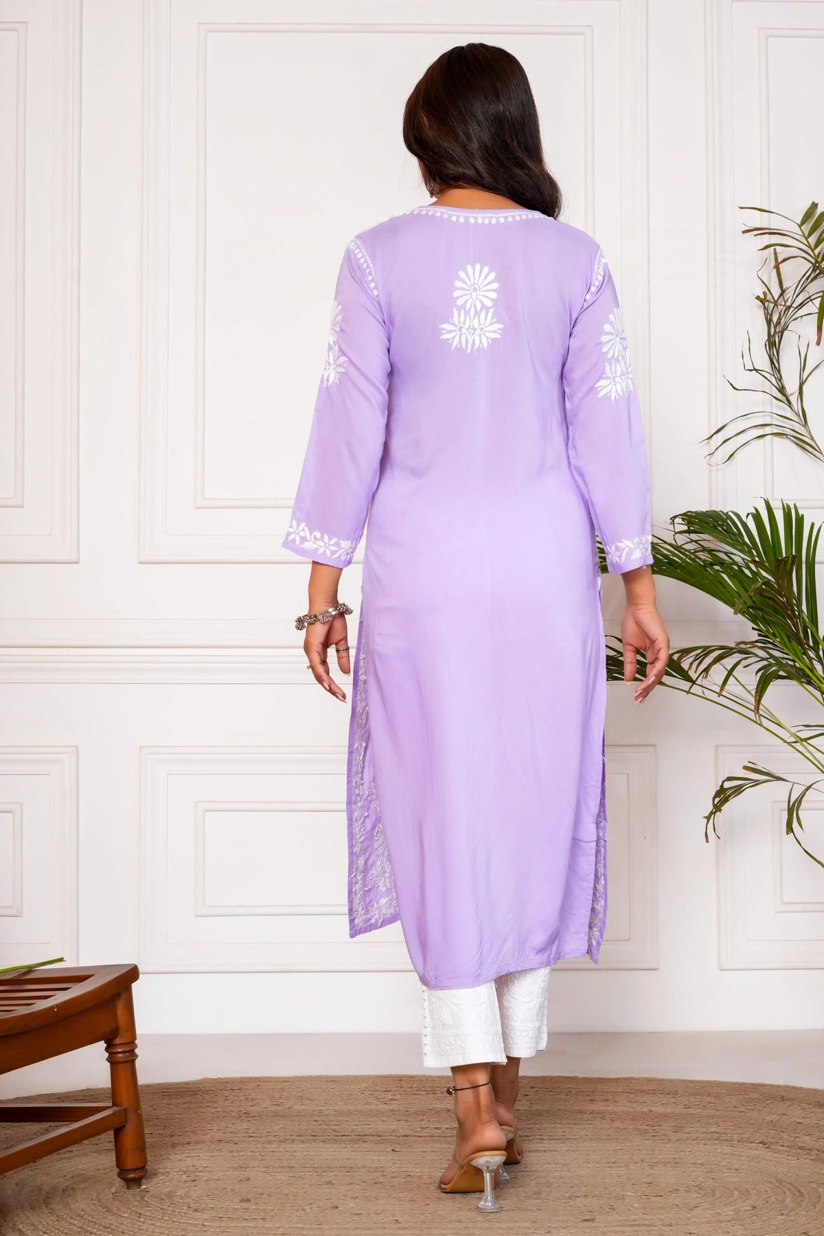 Iram Pure Modal 3D Chikankari Kurti – Lavender
