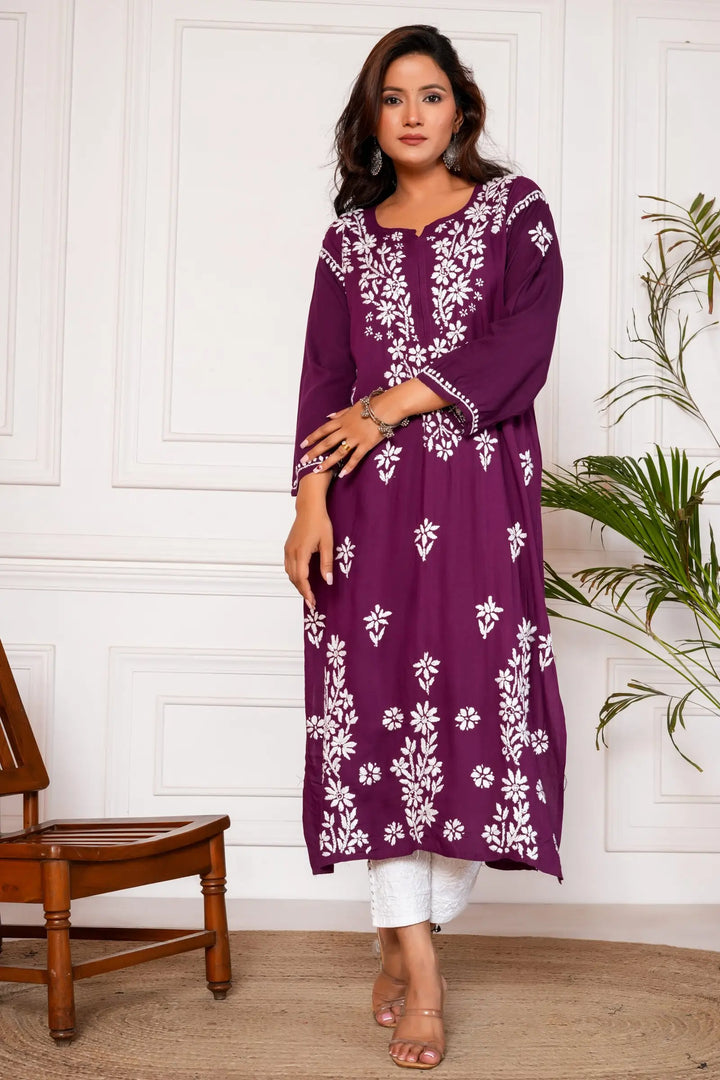 Iram Pure Modal 3D Chikankari Kurti – Wine
