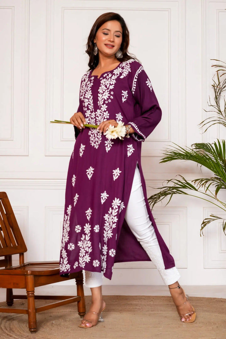 Iram Pure Modal 3D Chikankari Kurti – Wine