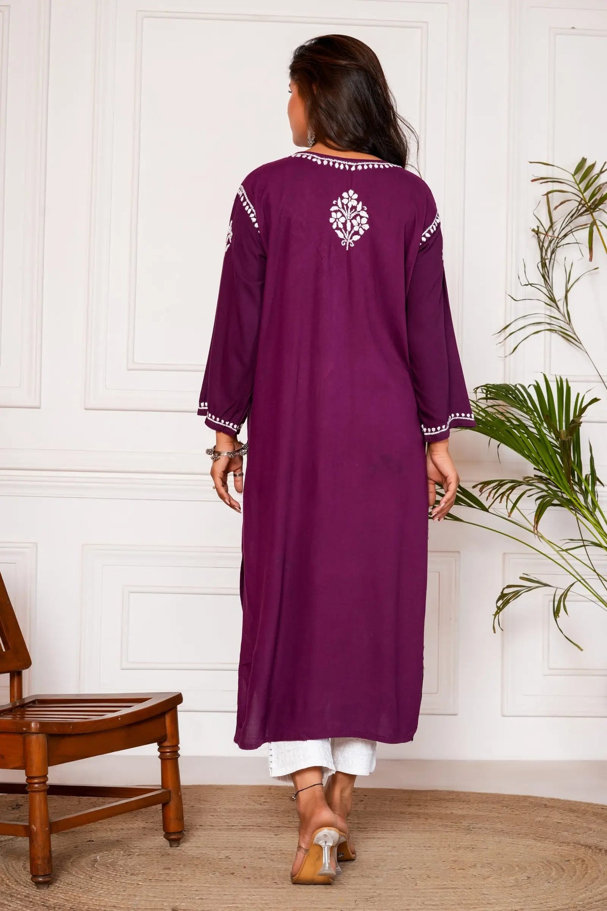 Iram Pure Modal 3D Chikankari Kurti – Wine