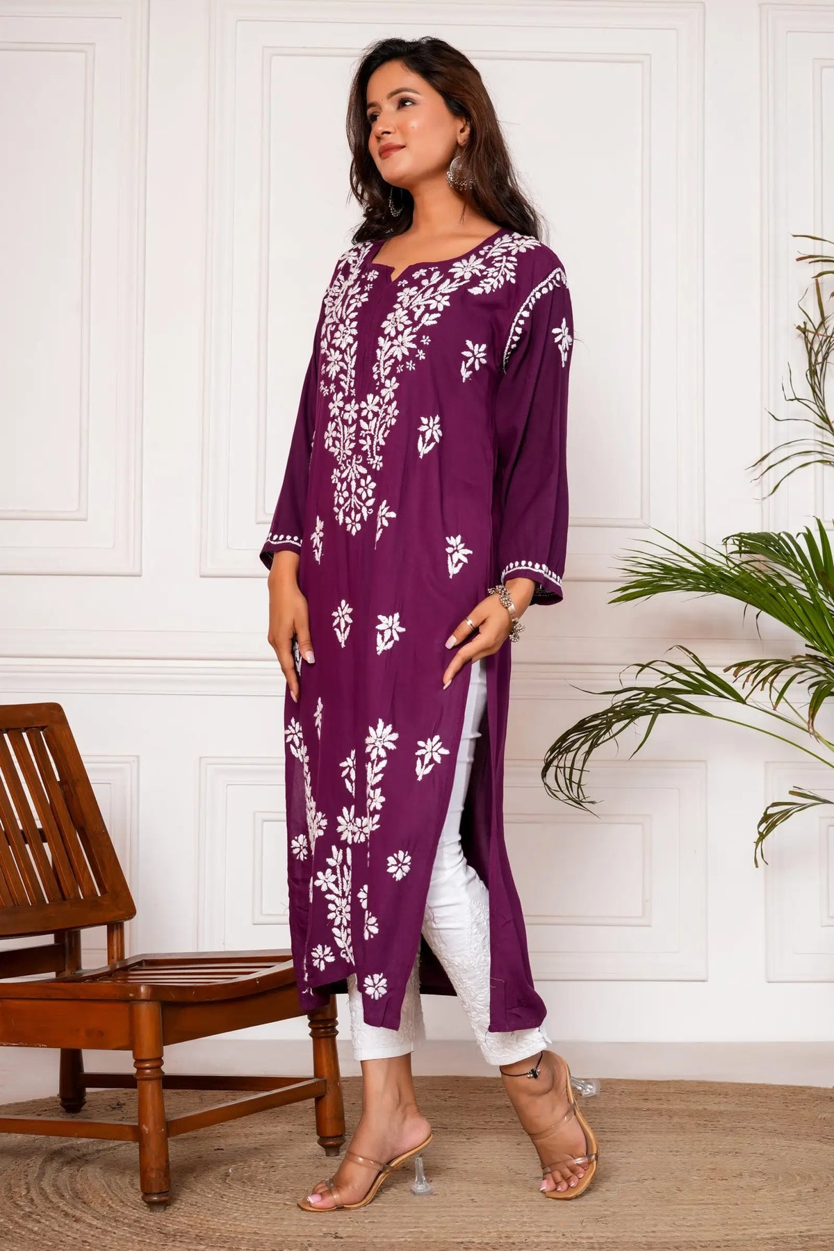 Iram Pure Modal 3D Chikankari Kurti – Wine