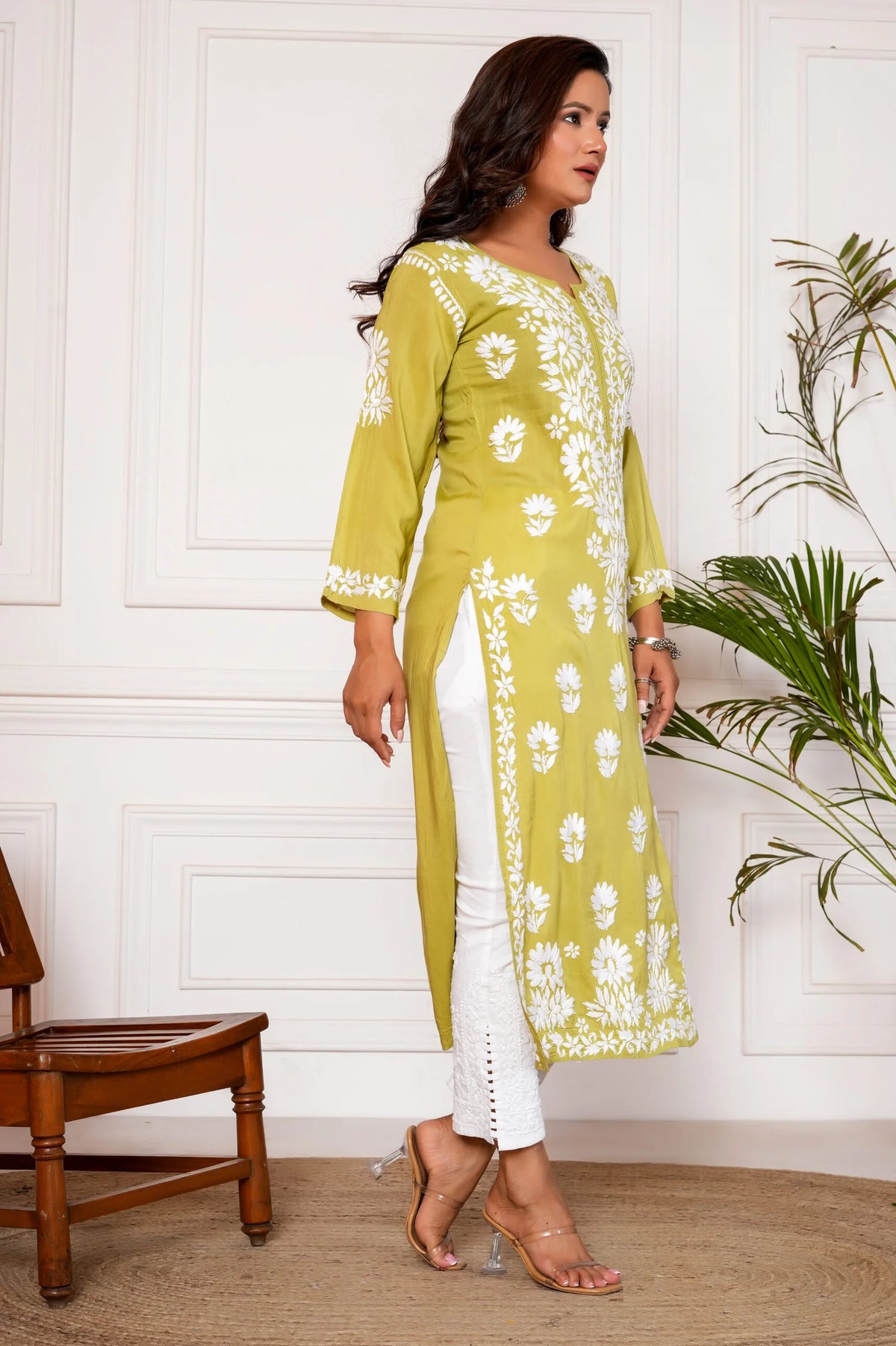 Iram Pure Modal 3D Chikankari Kurti - Yellow