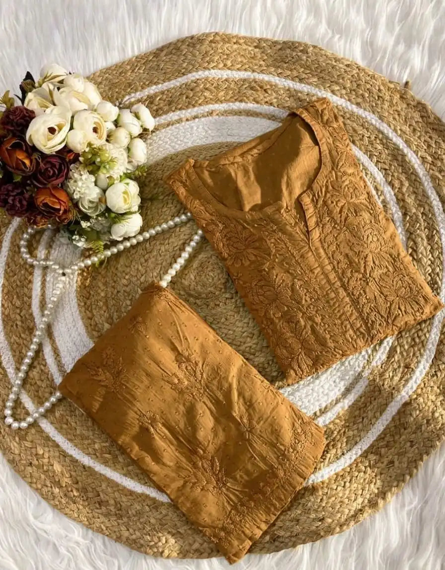 Ishani Soft Dobby Mul Cotton Chikankari Kurta Set - Mustard