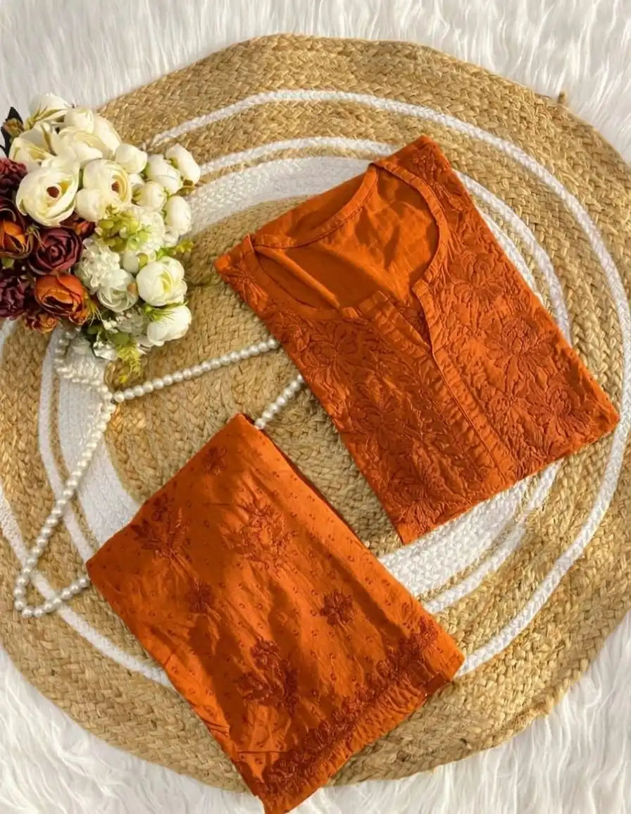 Ishani Soft Dobby Mul Cotton Chikankari Kurta Set - Orange