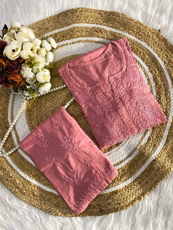 Ishani Soft Dobby Mul Cotton Chikankari Kurta Set - Peach