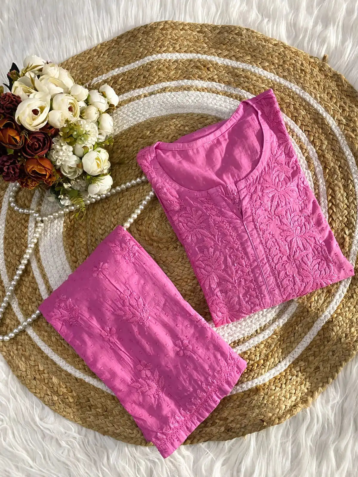 Ishani Soft Dobby Mul Cotton Chikankari Kurta Set - Pink