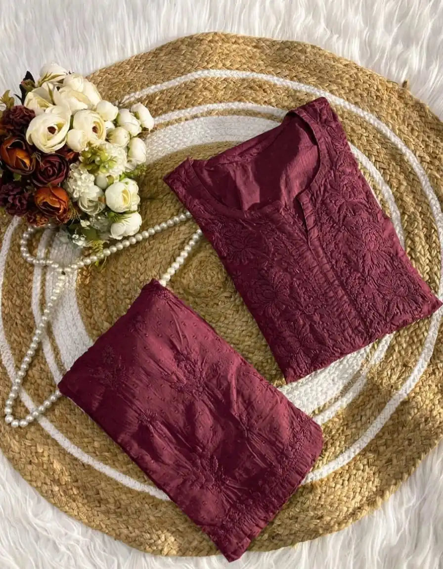 Ishani Soft Dobby Mul Cotton Chikankari Kurta Set - Rust