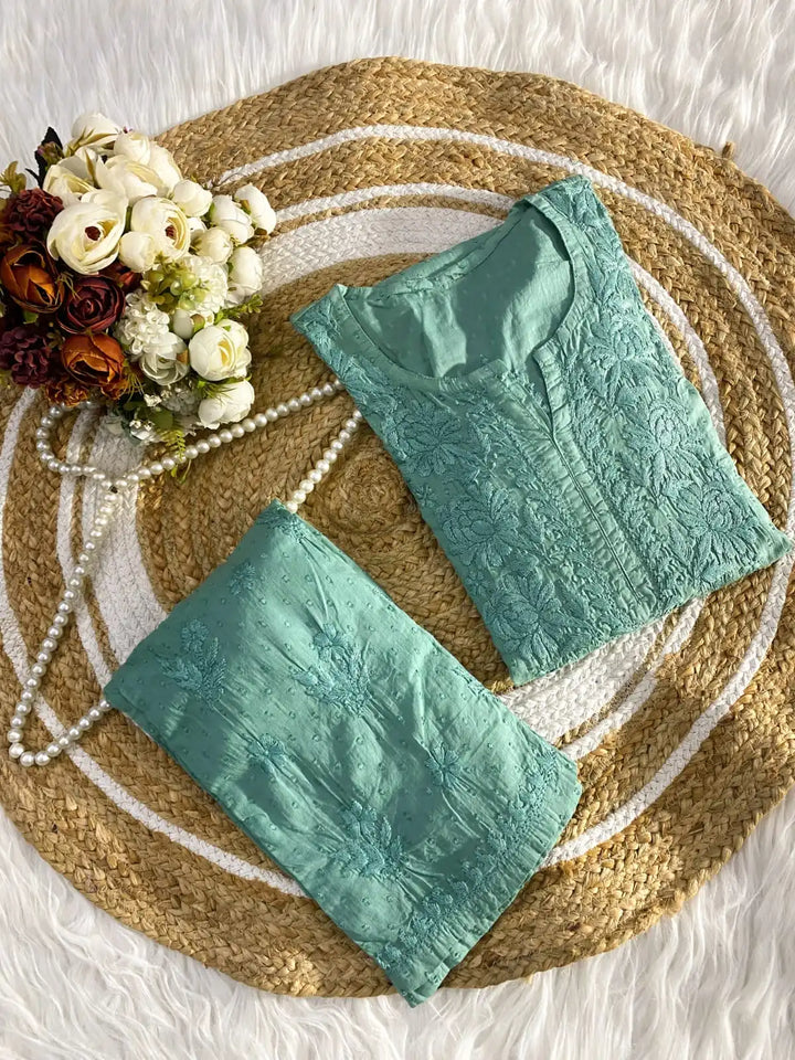 Ishani Soft Dobby Mul Cotton Chikankari Kurta Set - Sea Green