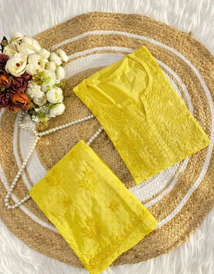 Ishani Soft Dobby Mul Cotton Chikankari Kurta Set - Yellow