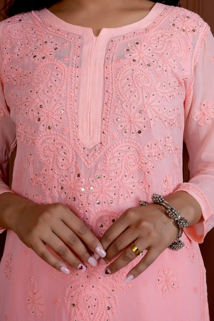 Jashn Viscose Mukaish Chikankari Kurta - Pink