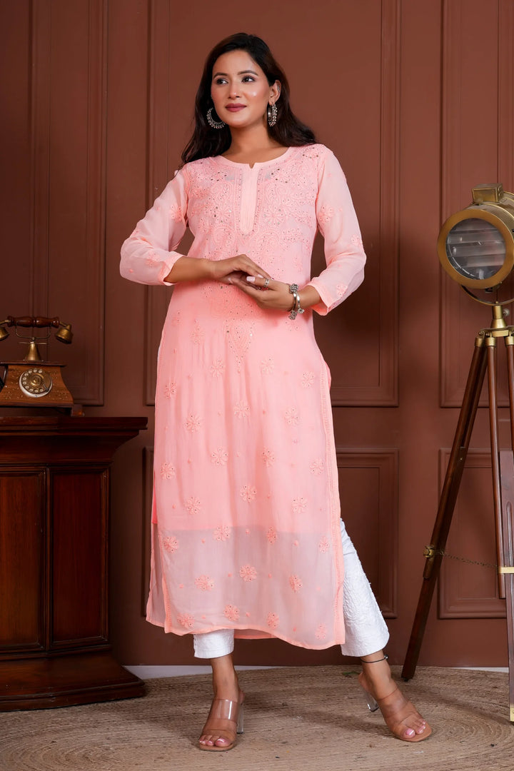 Jashn Viscose Mukaish Chikankari Kurta - Pink
