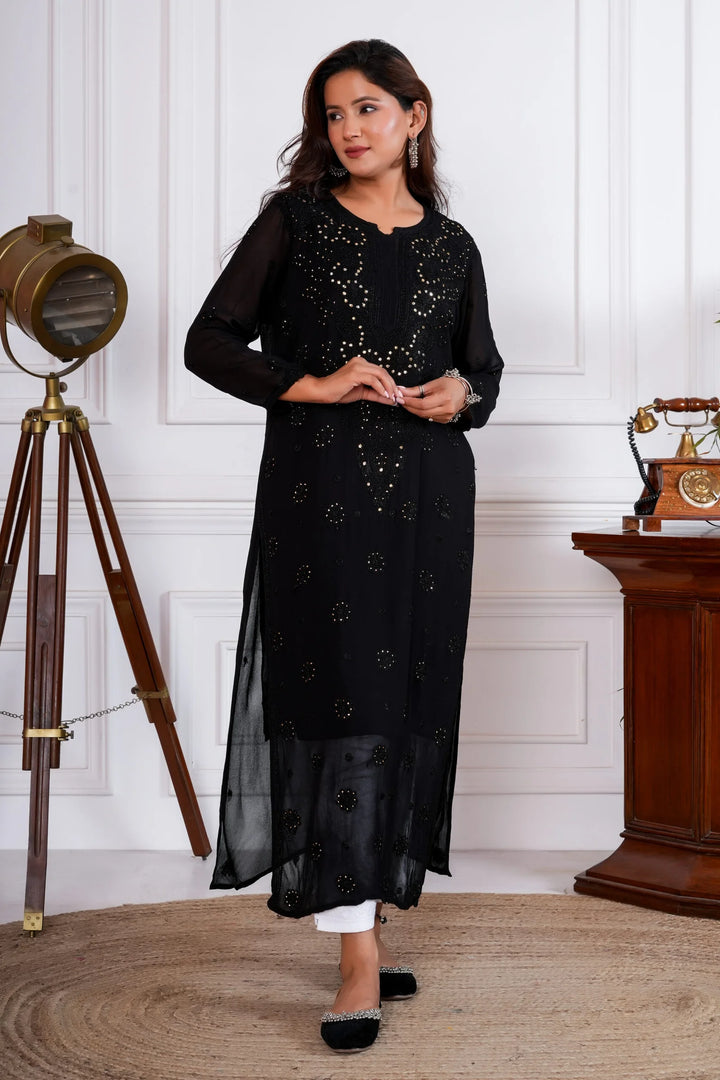 Jashn Viscose Mukaish Chikankari Kurta - Black