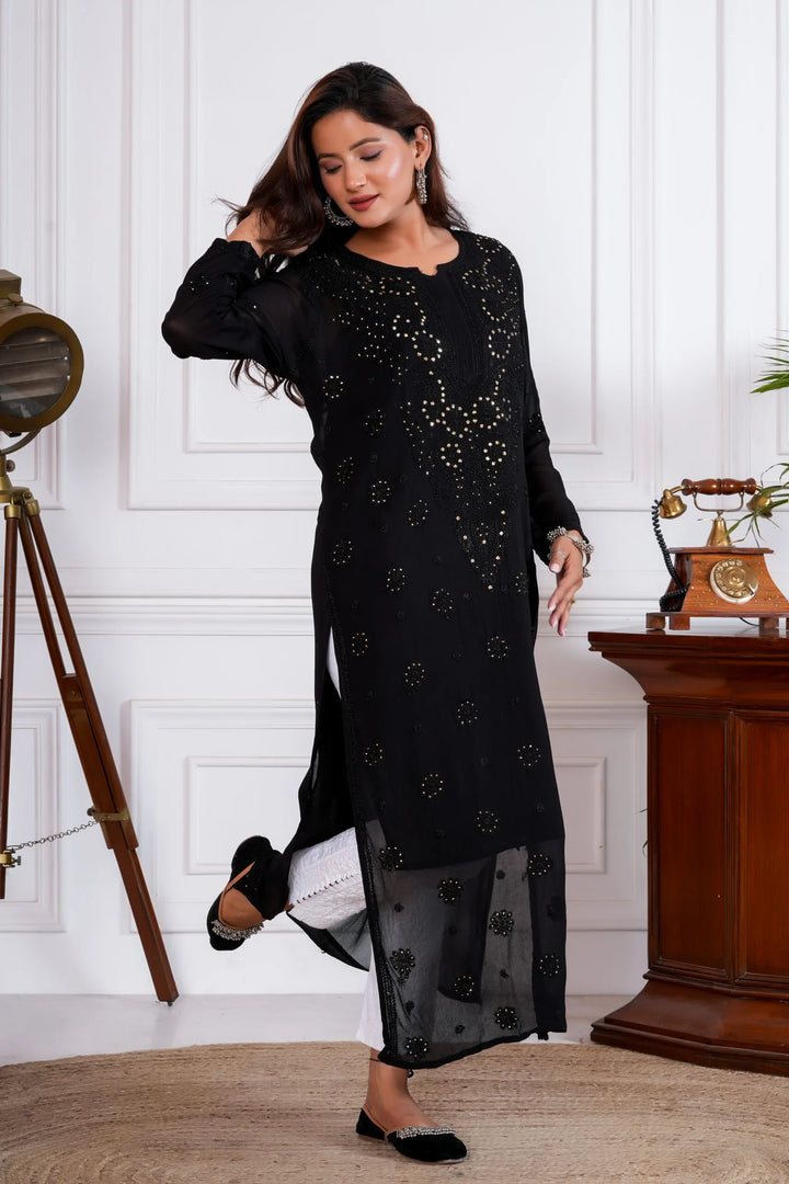 Jashn Viscose Mukaish Chikankari Kurta - Black