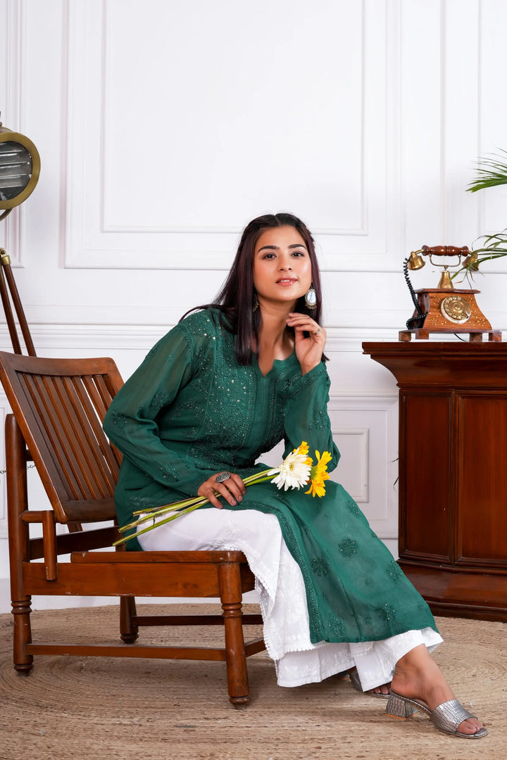 Jashn Viscose Mukaish Chikankari Kurta – Green