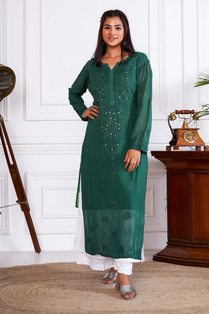 Jashn Viscose Mukaish Chikankari Kurta – Green