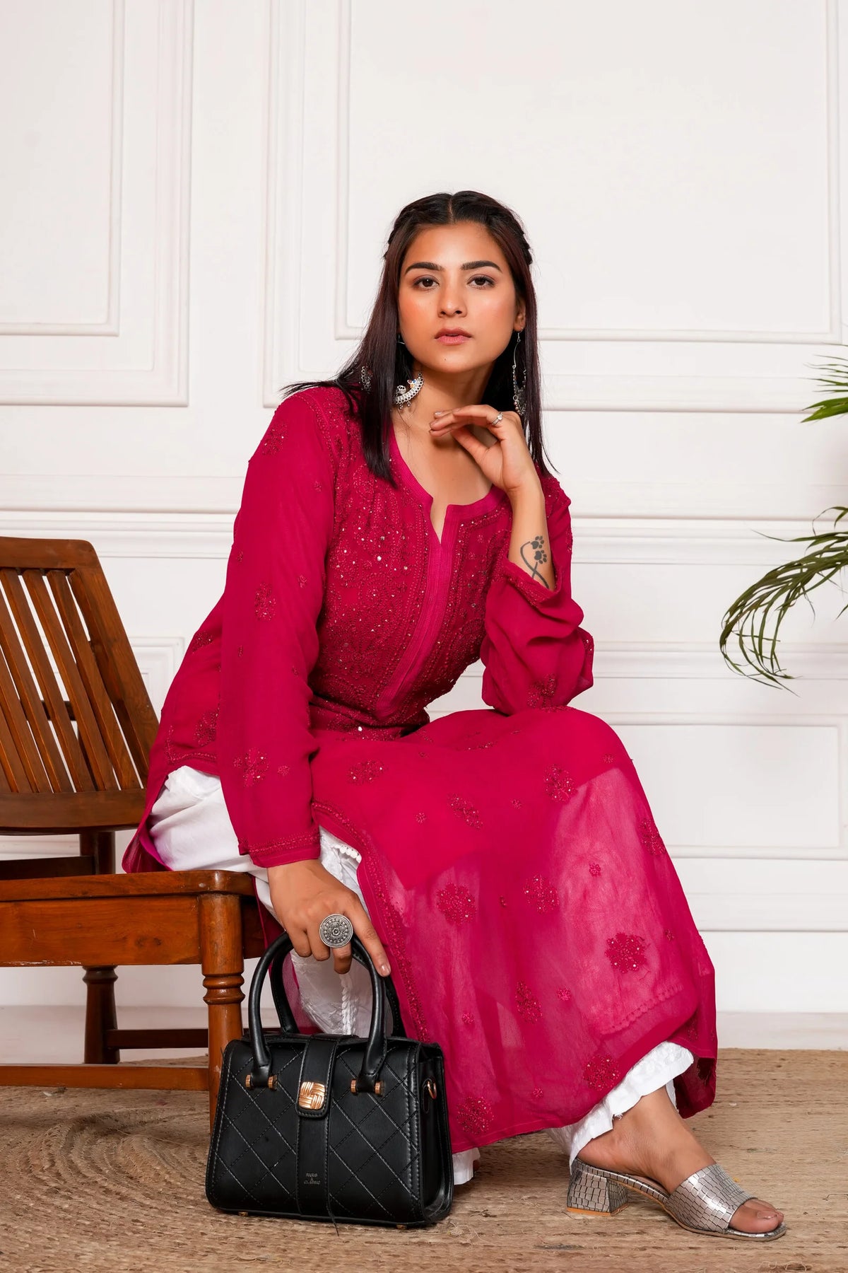 Jashn Viscouse Mukaish Chikankari Kurta - Rani Pink