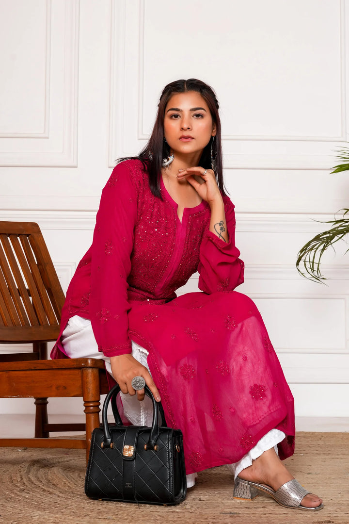 Jashn Viscose Mukaish Chikankari Kurta - Rani Pink