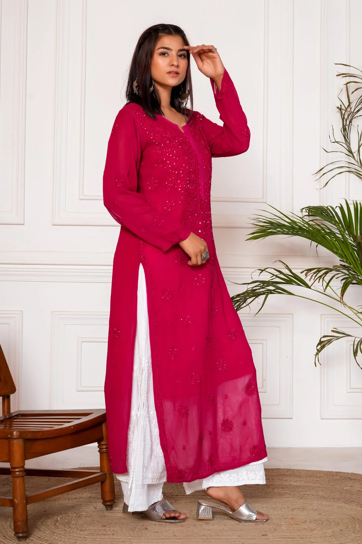 Jashn Viscouse Mukaish Chikankari Kurta - Rani Pink