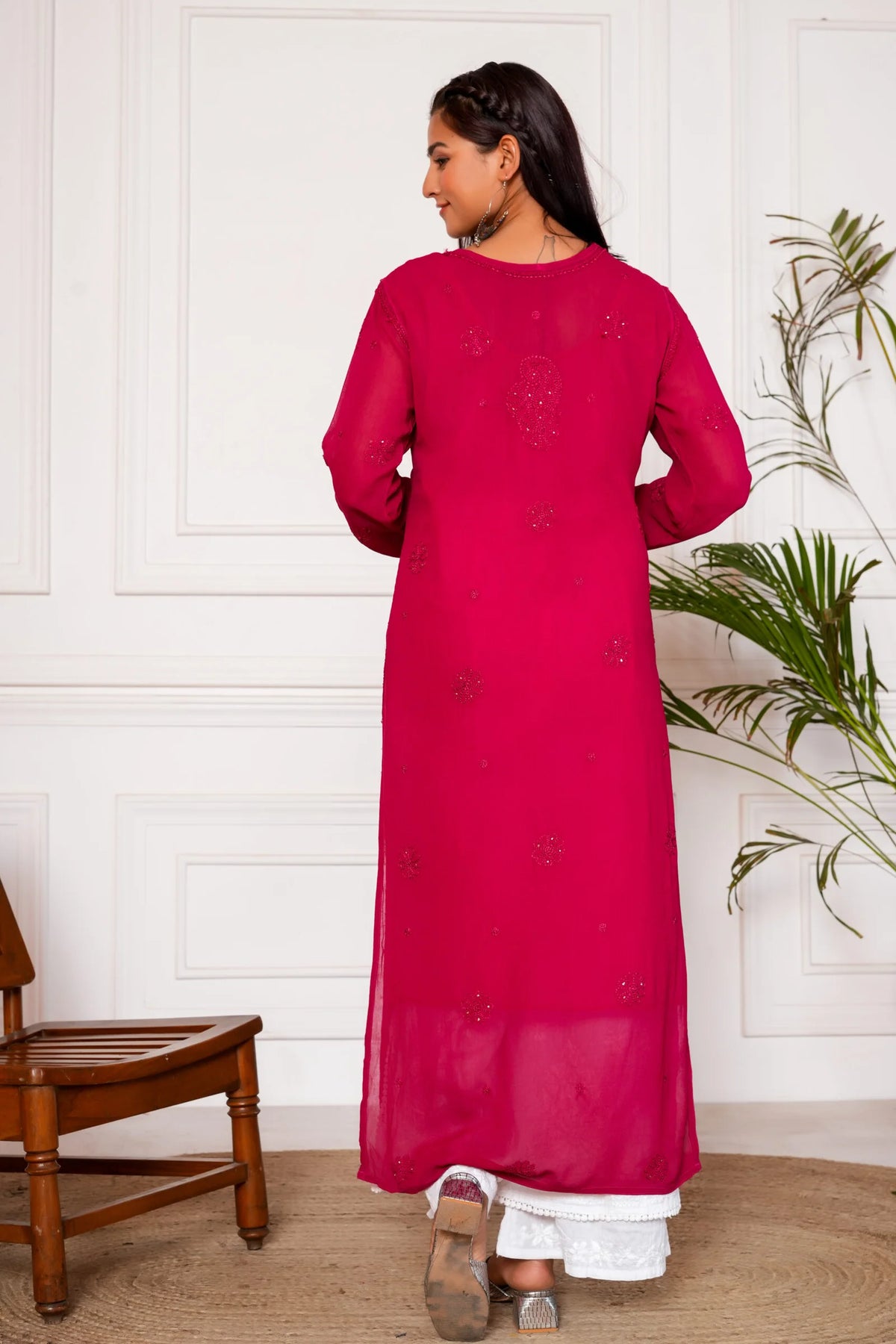 Jashn Viscouse Mukaish Chikankari Kurta - Rani Pink