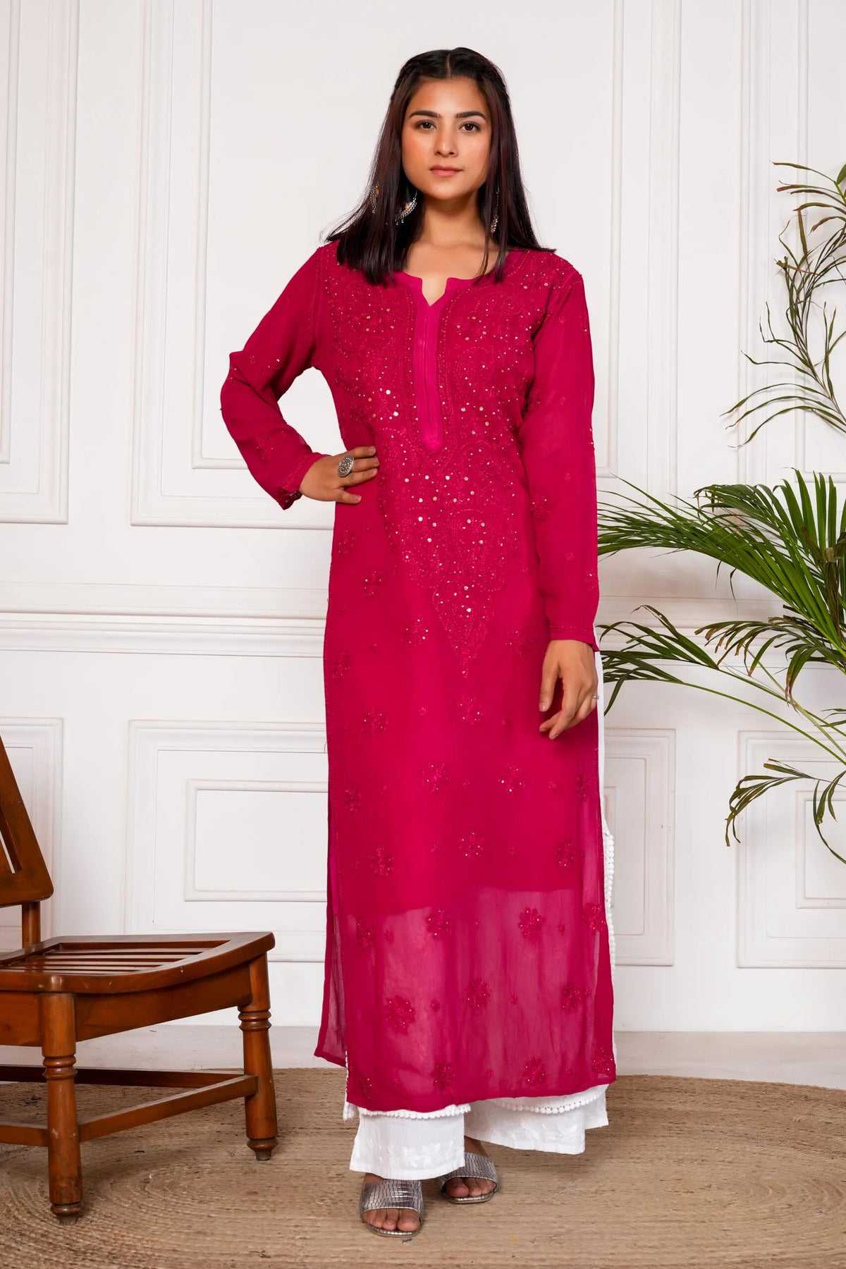 Jashn Viscouse Mukaish Chikankari Kurta - Rani Pink