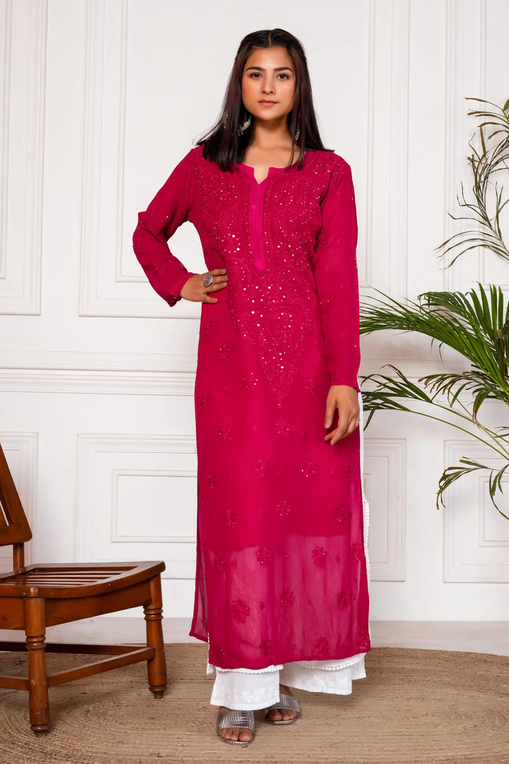 Jashn Viscose Mukaish Chikankari Kurta - Rani Pink