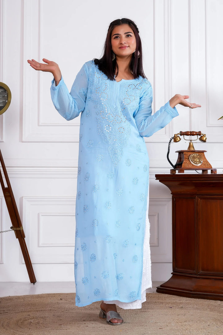 Jashn Viscose Mukaish Chikankari Kurta - Sky Blue