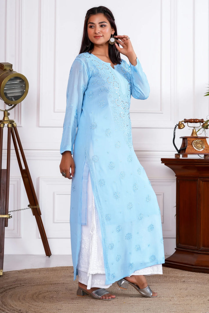 Jashn Viscose Mukaish Chikankari Kurta - Sky Blue