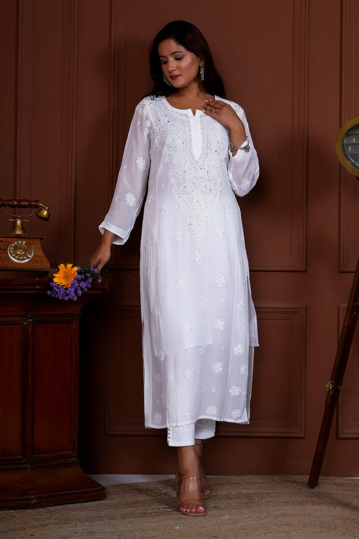 Jashn Viscose Mukaish Chikankari Kurta - White