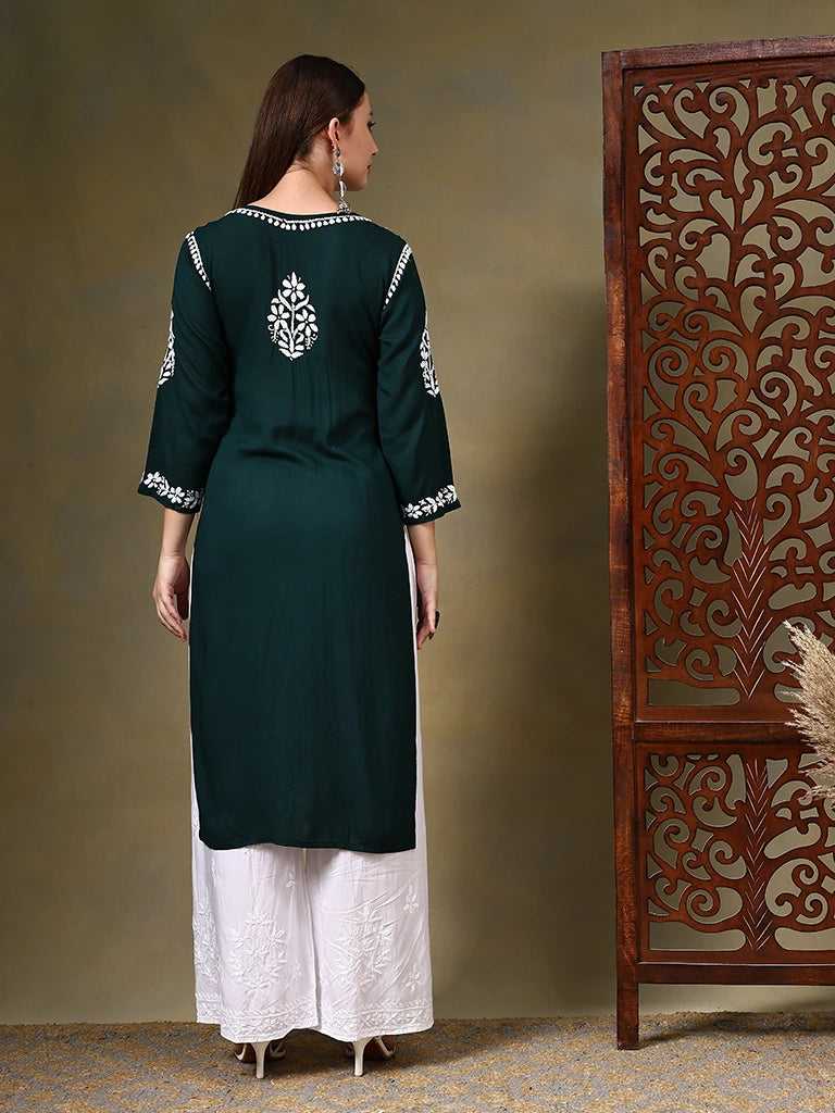 Khusha Modal Green & Maroon 3D Chikankari Kurta - Green