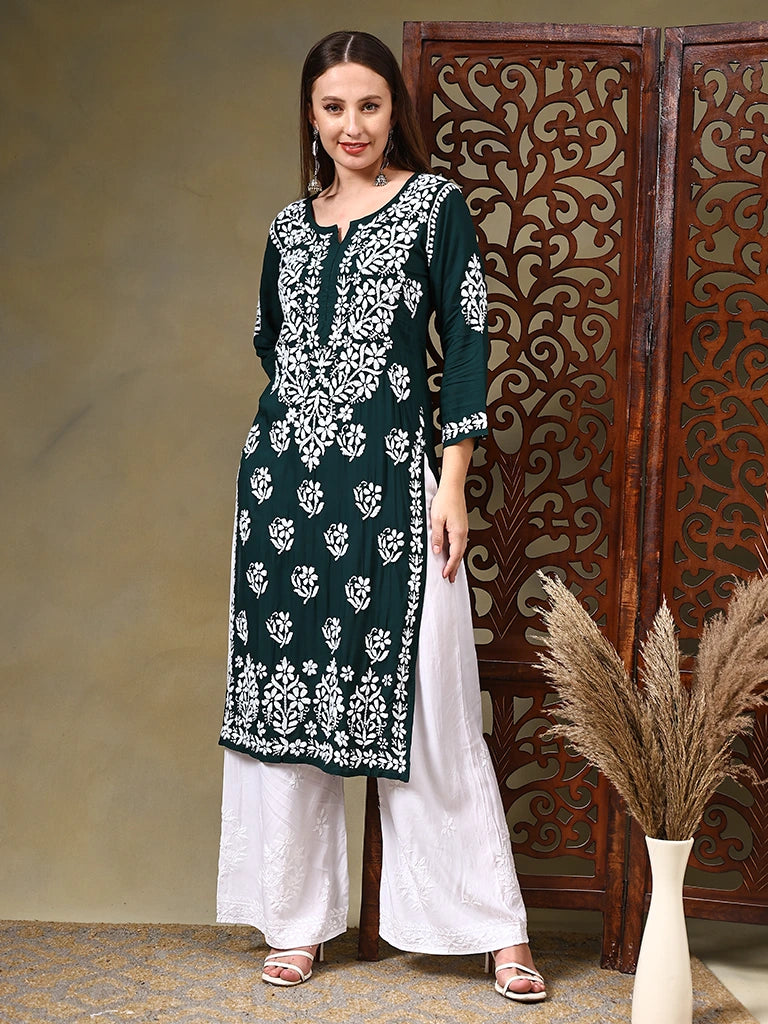Khusha Modal Green & Maroon 3D Chikankari Kurta - Green