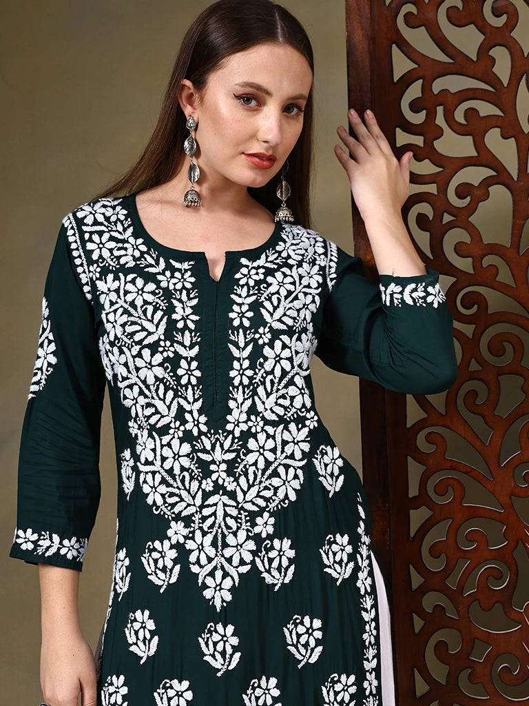 Khusha Modal Green & Maroon 3D Chikankari Kurta - Green
