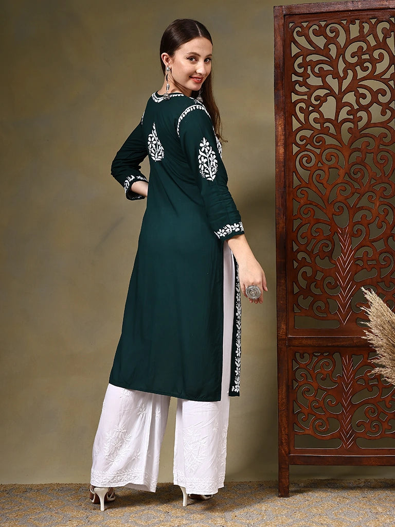 Khusha Modal Green & Maroon 3D Chikankari Kurta - Green