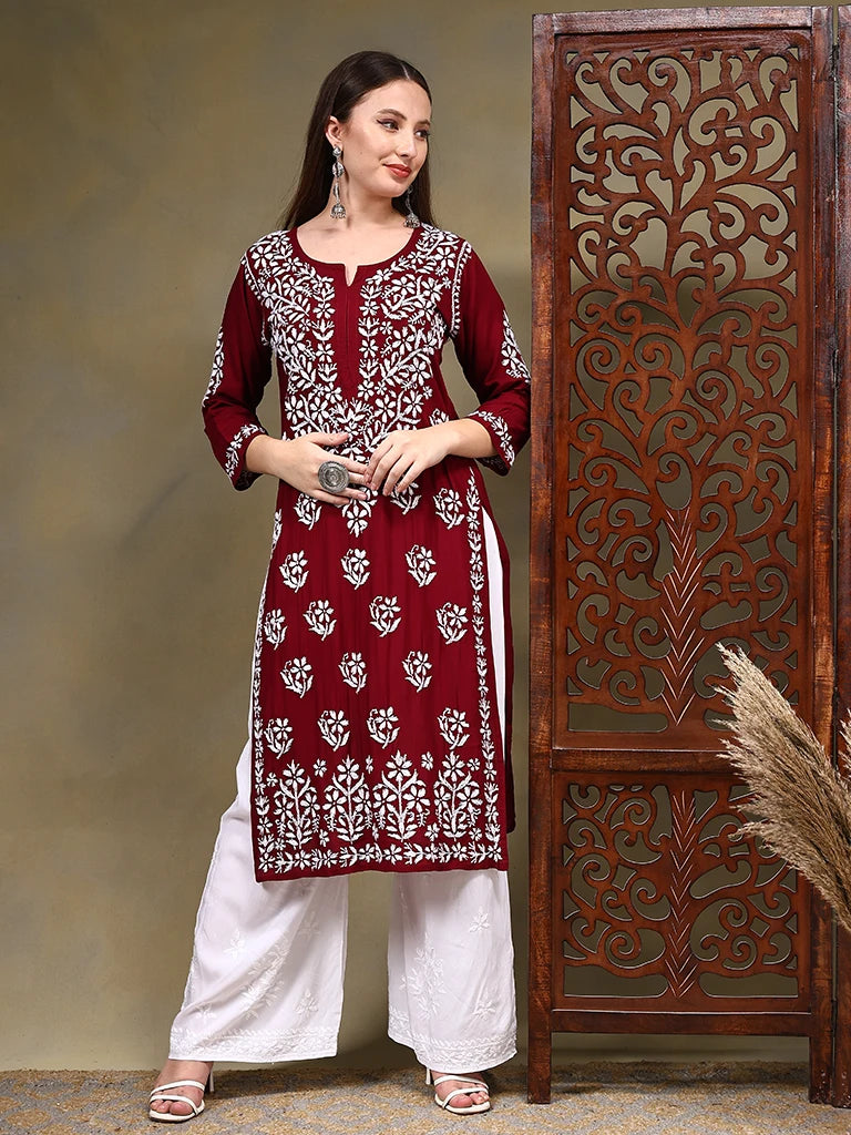 Khusha Modal Green & Maroon 3D Chikankari Kurta - Red