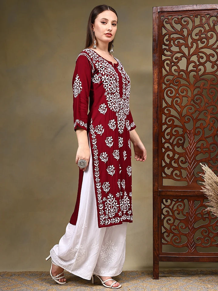 Khusha Modal Green & Maroon 3D Chikankari Kurta - Red