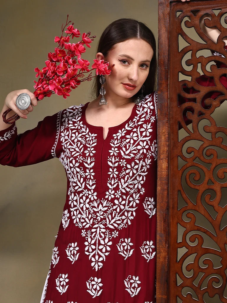 Khusha Modal Green & Maroon 3D Chikankari Kurta - Red