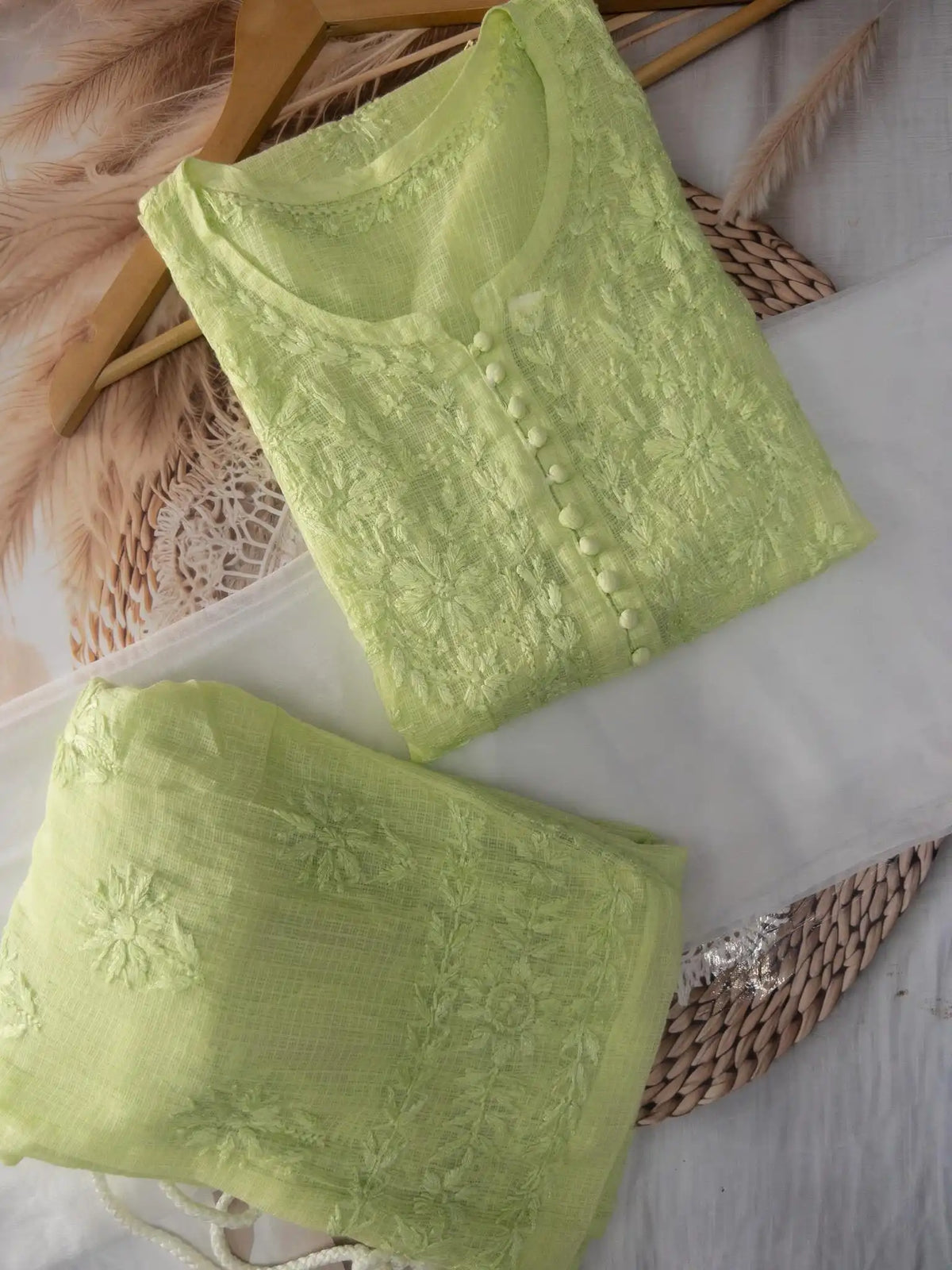 Kora Kota Chikankari Kurta Set With Inner - Light Green