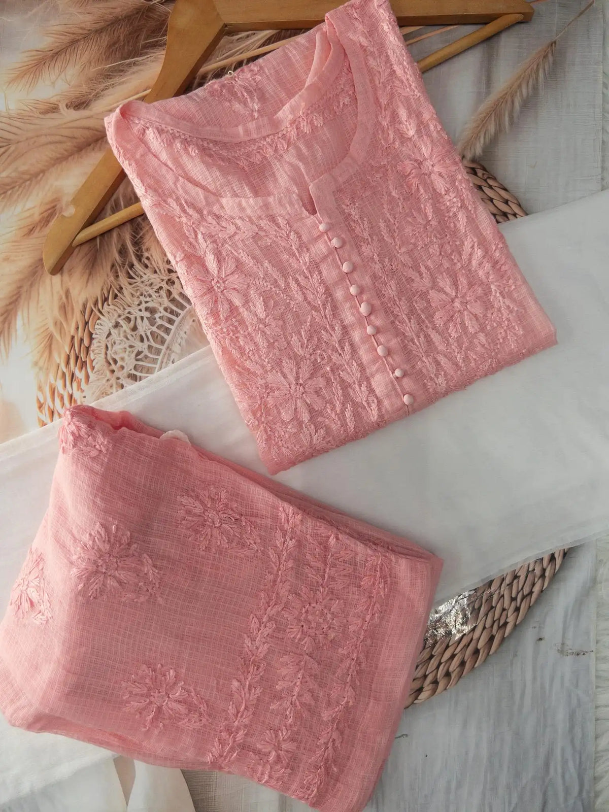 Kora Kota Chikankari Kurta Set With Inner - Light Pink