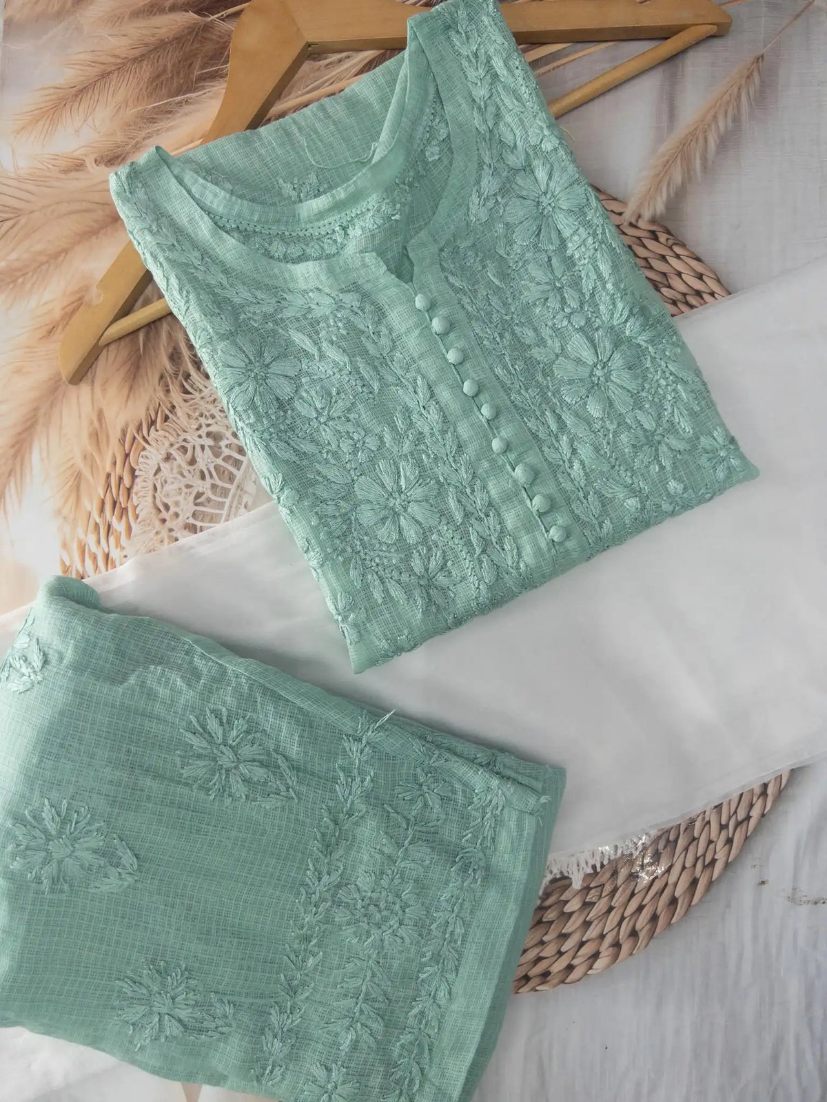 Kora Kota Chikankari Kurta Set With Inner - Sea Green