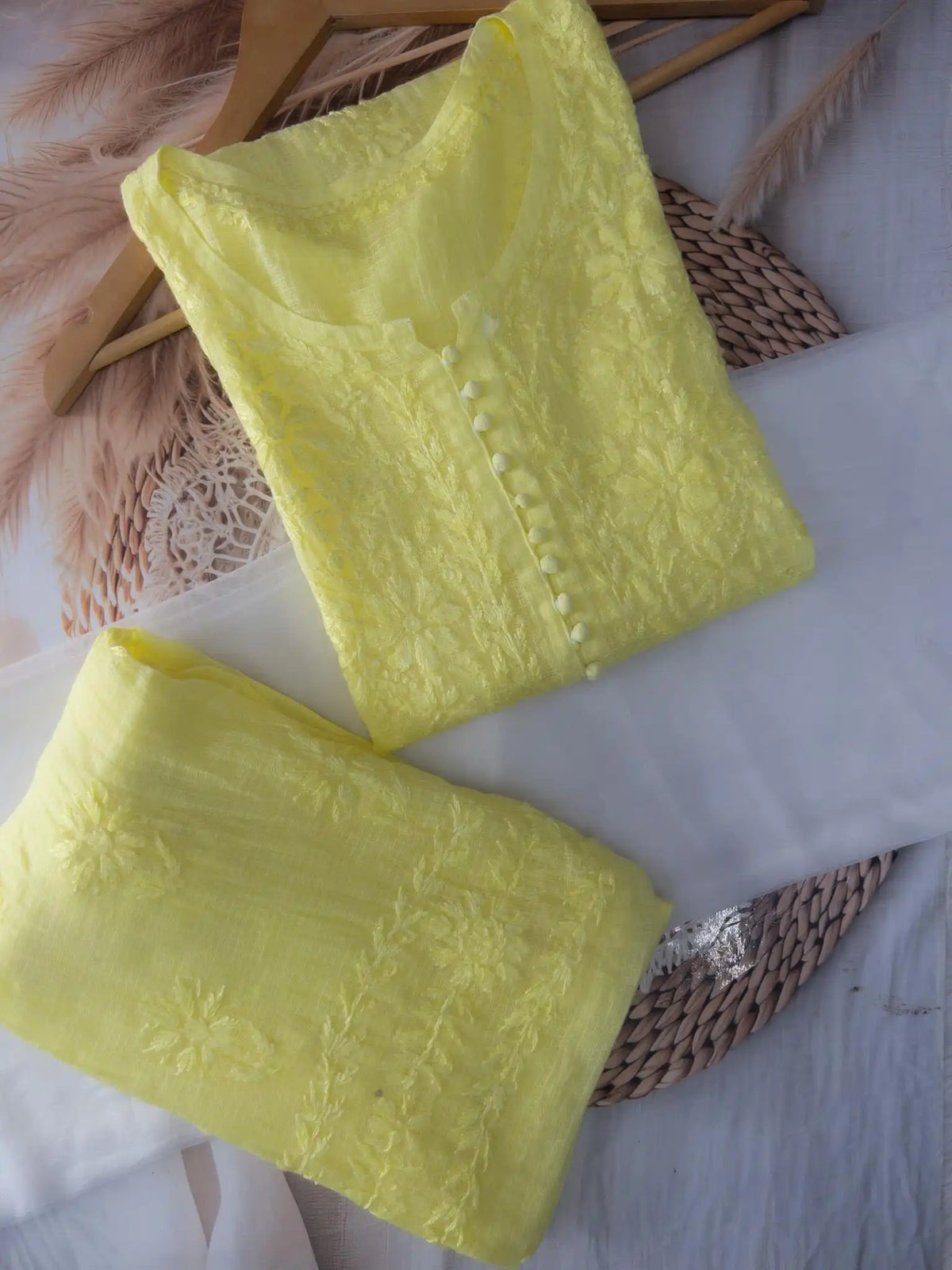 Kora Kota Chikankari Kurta Set With Inner - Yellow