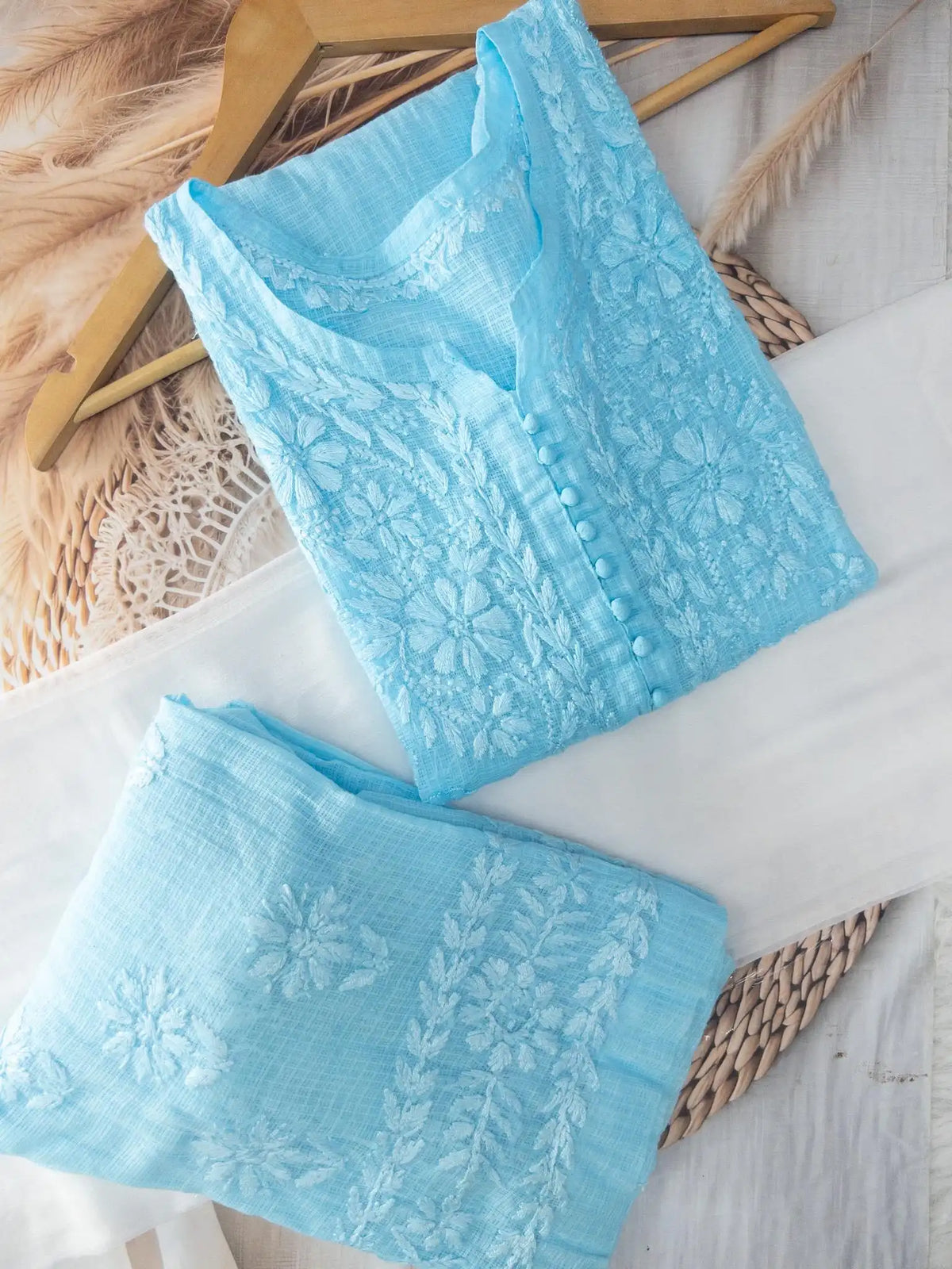 Kora Kota Chikankari Kurta Set With Inner - Sky Blue