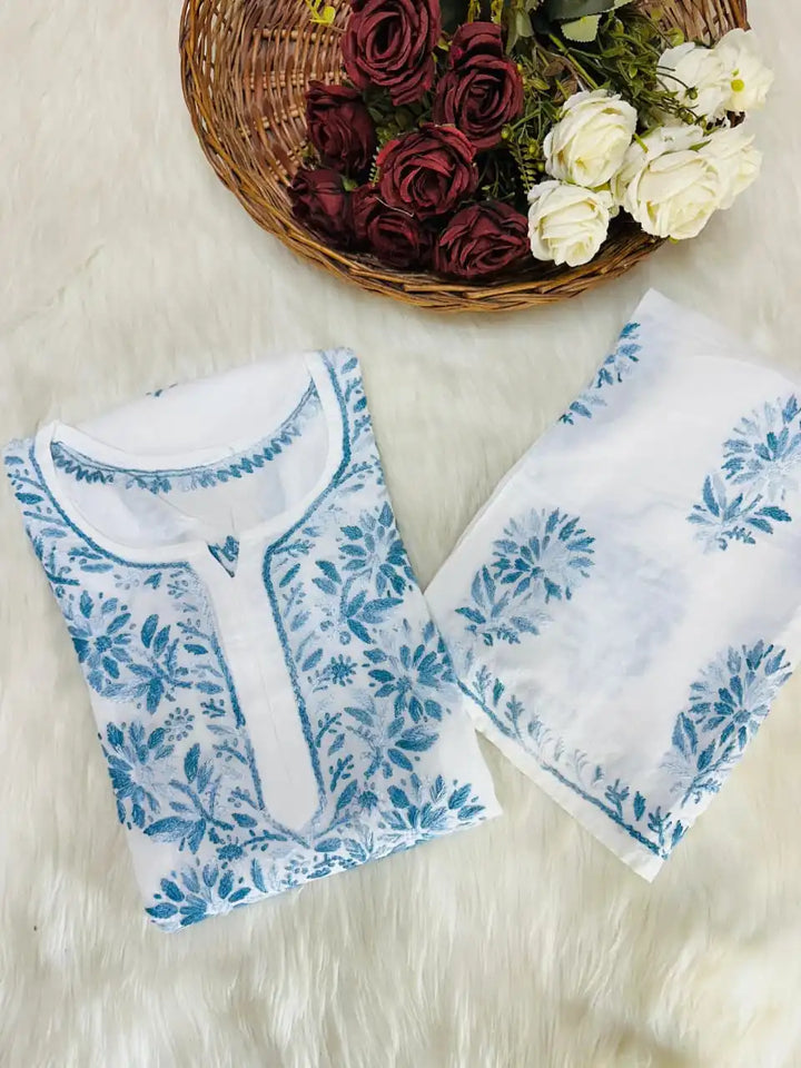 Manisha White Multithread Chikankari Kurta Set - Blue
